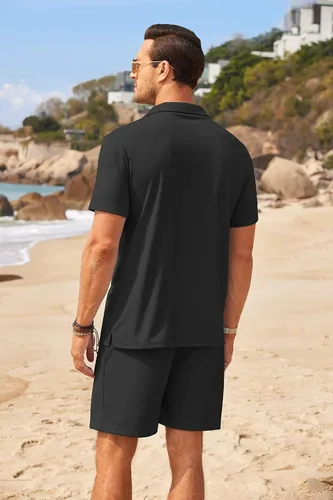 Miniatura 3 de COOFANDY Conjunto de dos piezas para hombre, camisa de manga corta con botones y pantalones cortos, conjuntos de playa