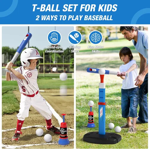 Miniatura 4 de HYES Juego de aro de baloncesto 2 en 1 y pelota en T para niños, altura ajustable, tee de béisbol para niños con máquina de lanzamiento automática