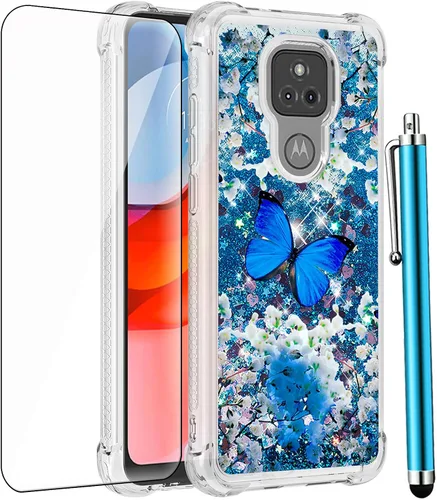 Funda para Moto G Play 2021 con protector de pantalla de vidrio templado, brillante con purpurina líquida flotante para niñas y mujeres, bonita
