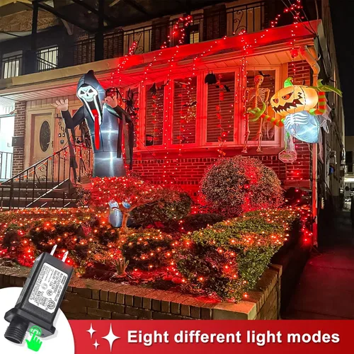 Miniatura 2 de Guirnalda de 120 luces LED rojas impermeables para exteriores, luces de Navidad rojas de 40 pies, 8 modos, cable transparente, guirnalda de luces