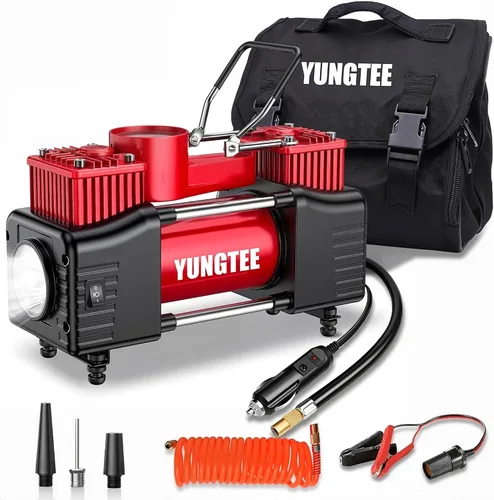 YUNGTEE Inflador de Neumáticos de Servicio Pesado de Doble Cilindro con Accionamiento Directo Bomba de Inflado, Compresor de Aire Portátil de 12V