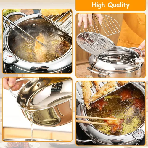 Miniatura 4 de Olla para freidora, 11 pulgadas/4.4 cuartos de galón, freidora de tempura japonesa con termómetro, olla freidora de acero inoxidable 304 para papas