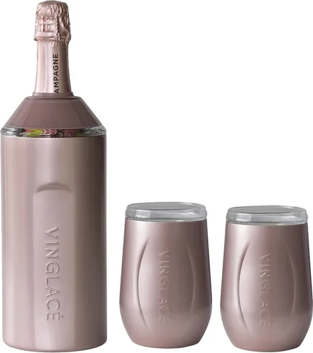 Miniatura 9 de Vinglacé Juego de regalo enfriador de botellas de vino, enfriador de vino portátil de acero inoxidable con 2 copas de vino sin tallo, color negro