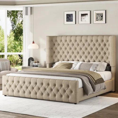 Miniatura 16 de Jocisland Base de cama tapizada tamaño Queen con cabecera curvada de 6.3 pulgadas, estribo copetudo, listones de madera, no necesita somier