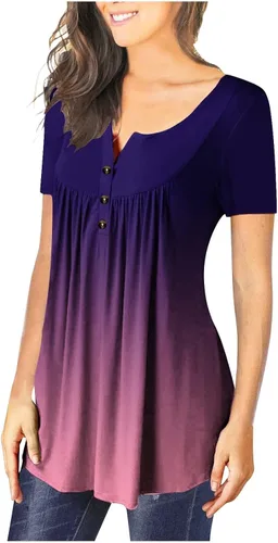 Miniatura 5 de Blusas elegantes para mujer, estilo Henley, cuello en V, manga corta, talla grande, ajuste cuadrado, con botones frontales, blusas de manga corta