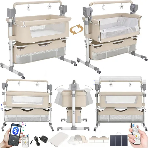 Electric Bluetooth Smart Baby Bedside Crib, Infant Bedside Cot, Convertible Foldable Baby Bassinet Crib with Remote Control, Music, 5 Swaying Gears