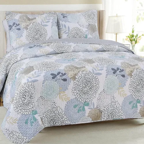 Miniatura 7 de Cozy Line Home Fashions Nina Trista Flowers - Juego de ropa de cama reversible 100% algodón con cinta azul aguamarina, estampado floral gris, colcha