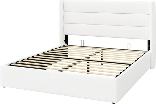 Miniatura 9 de SHA CERLIN Cama de Almacenamiento Elevable Tamaño Completo/Tapizada en Terciopelo/Cabecera Moderna Tipo Wingback/Marco de Cama Plataforma Blanco