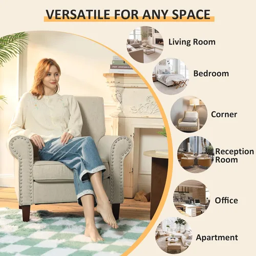 Miniatura 9 de PrimeZone Comfy - Silla decorativa de tela moderna de mediados de siglo, silla de lectura con cojín suave, ribete de cabeza de clavos y reposabrazos