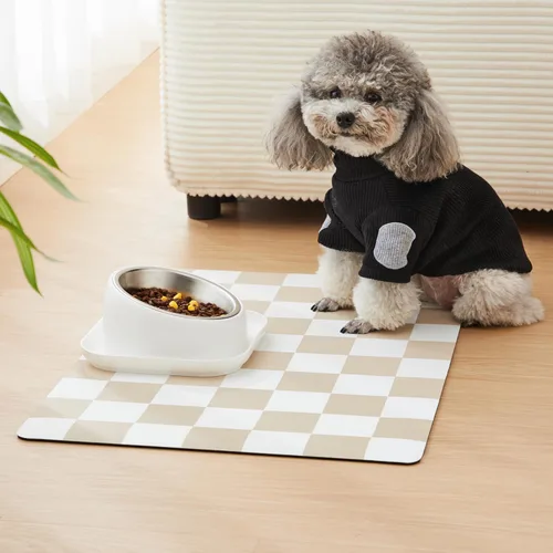 Miniatura 2 de Alfombrilla de alimentación para perros a cuadros, tapetes absorbentes para tazón de comida y agua para perros, dispensador, estética retro beige