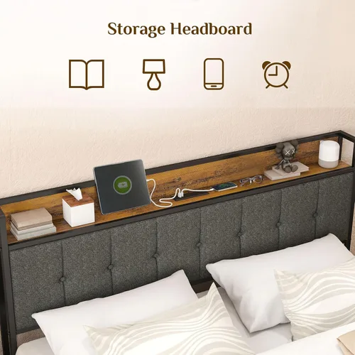 Miniatura 4 de Base de cama de plataforma tamaño Queen con cabecera tapizada y puertos USB para carga, sin somier, soporte fuerte y sin ruido, fácil montaje Marrón