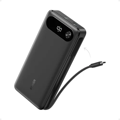 Anker Power Bank, cargador portátil esencial de viaje de 20,000 mAh con cable USB-C integrado, paquete de batería de carga rápida de 3 puertos de 87