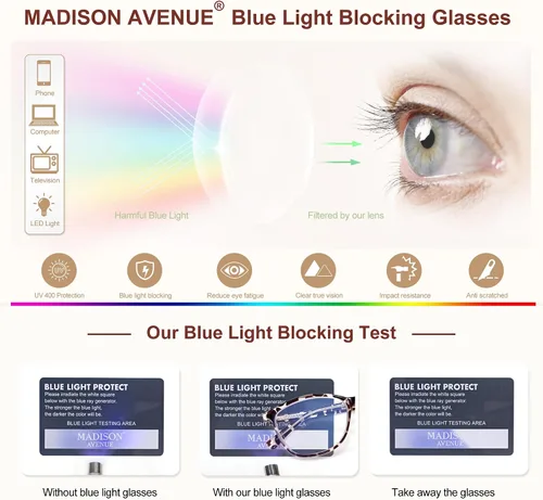 Miniatura 4 de Madison Avenue TR90 Blue Light Blocking Glasses for Women, Anti Eyestrain Glare Classic TV Phone Computer Gaming Eyeglasses