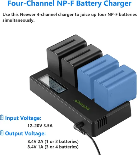 Miniatura 2 de Neewer Paquete de 4 baterías de repuesto de 7.4 V 6600 mAh NP-F970 con cargador de batería de 4 canales y adaptador de corriente, compatibles