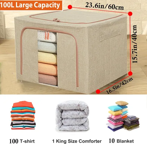 Miniatura 2 de Bolsas de almacenamiento grandes de 100 litros, contenedores apilables de lino con marco de metal en forma de sujeción, 2 vías de apertura