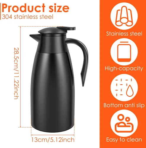 Miniatura 8 de Jarra térmica de café de acero inoxidable de 2 litros, aislada al vacío, de 20 a 24 horas, botella de agua térmica de gran capacidad para el hogar
