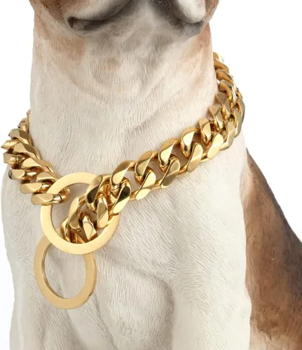 Collar de oro para perro, cadena P de oro de 18 quilates, cadena de eslabones cubanos de 0.433 in, 0.591 in, 0.748 in, para entrenamiento para