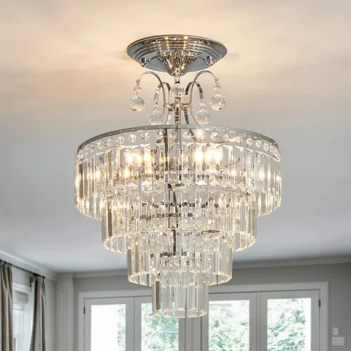 Miniatura 11 de CVKASH Lámpara de araña de cristal dorado de 5 luces, accesorio moderno de montaje semi empotrado en techo con iluminación de techo E12