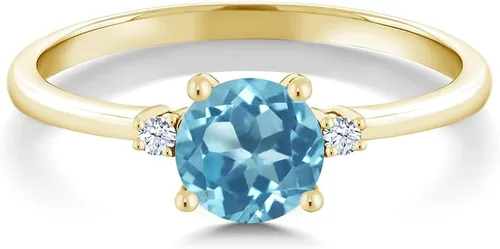Miniatura 2 de Anillo solitario de compromiso de oro amarillo de 10 quilates con topacio azul suizo redondo de 0,93 quilates y zafiro blanco creado