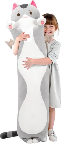 Miniatura 14 de Mewaii Peluche de gato largo, 5 tamaños, 120% relleno extra, almohada gigante para el cuerpo de los niños, lindo peluche Kawaii de ojos grandes