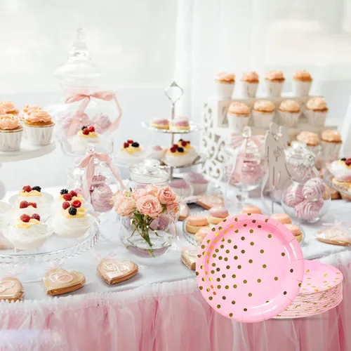Miniatura 7 de Platos de papel de oro rosa, 100 unidades, platos de postre de puntos rosados y dorados, suministros de fiesta redondos desechables ideales para Oro