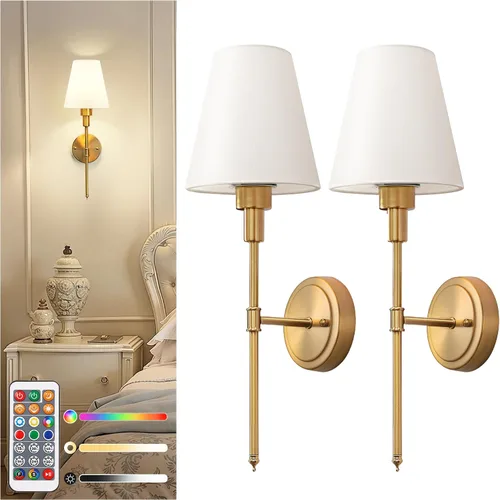 Miniatura 10 de DORESshop Juego de 2 apliques de pared a pilas, inalámbrico, fácil de instalar, regulables y ajustables, lámpara de pared recargable