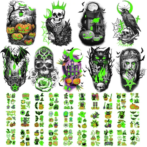 39 tatuajes temporales de Halloween que brillan en la oscuridad para adultos y niños, 9 tatuajes falsos realistas de media manga, calabaza,