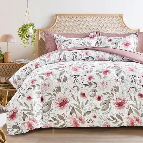 Miniatura 7 de Flysheep Juego de ropa de cama botánica gris en una bolsa, tamaño Queen, 7 piezas, diseño floral elegante con hojas grises aguamarina, para todas