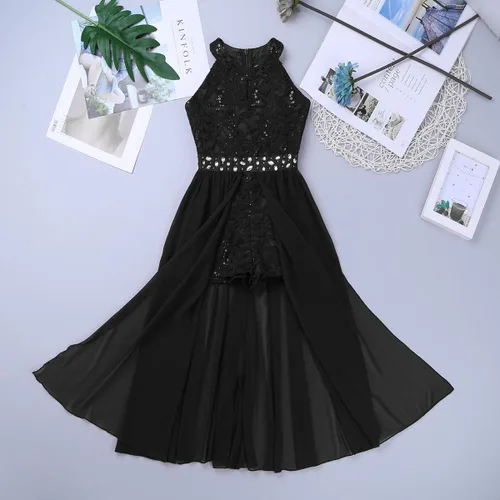 Miniatura 4 de Daenrui Vestido largo de encaje floral para niñas y niñas, con cuello halter, para baile de boda, fiesta de baile