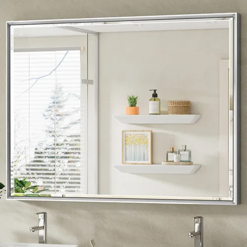 Espejo de baño plateado de 40 x 30 pulgadas, espejo grande de tocador de baño plateado biselado, espejo rectangular plateado irrompible, espejo con
