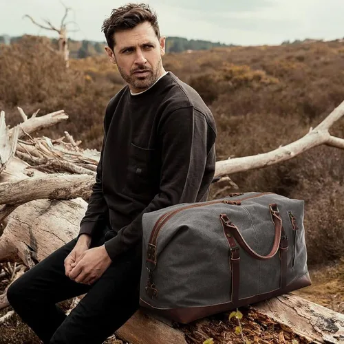 Miniatura 8 de S-ZONE - Bolsa de viaje de lona sobredimensionada con adornos de cuero genuino, bolsa deportiva de hombro de fin de semana, bolso de fin de semana