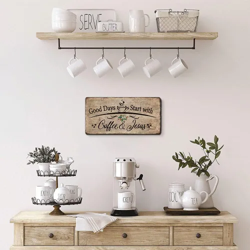 Miniatura 4 de Letrero de placa de madera rústica, decoración de pared con texto en inglés "Good Days Start with Coffee and Jesus", accesorios de barra de café