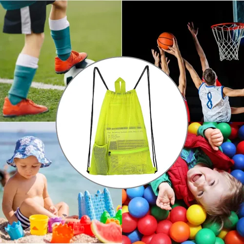Miniatura 6 de Bolsa de malla con cordón resistente, mochila de gimnasio con soporte para botellas para bolas, natación, juguetes de playa, Amarillo claro, Deportes
