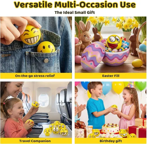 Miniatura 6 de LovesTown Mini bolas antiestrés, 36 bolas de 2 pulgadas con cara sonriente para apretar, color amarillo, divertidas, de espuma, juguetes