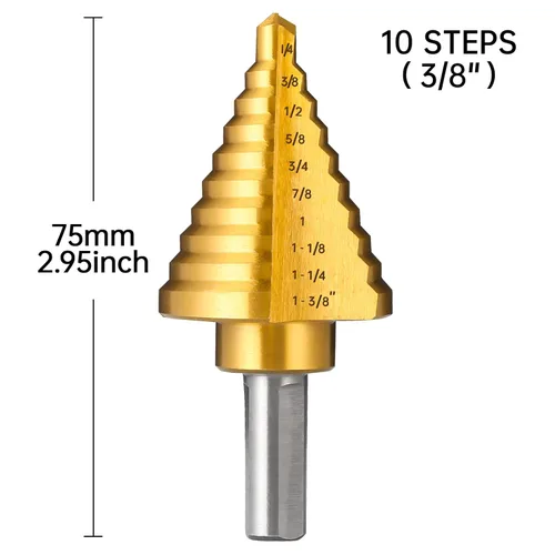 Miniatura 4 de Broca escalonada de titanio, broca de paso de 1/4" a 1-3/8" para metal, juego de 10 tamaños de broca escalonada HSS Unibit