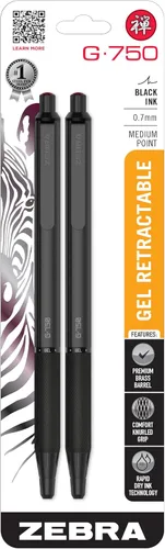 Zebra Pen G-750 - Bolígrafo retráctil de gel, 2 unidades, tinta negra, punta media de 0.028 pulgadas, barril de latón negro, empuñadura texturizada,