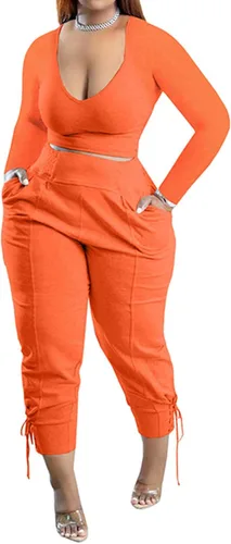 Conjunto de 2 piezas para mujer cuello en V manga larga pantalones cortos conjunto de pantalones deportivos color naranja talla M Naranja
