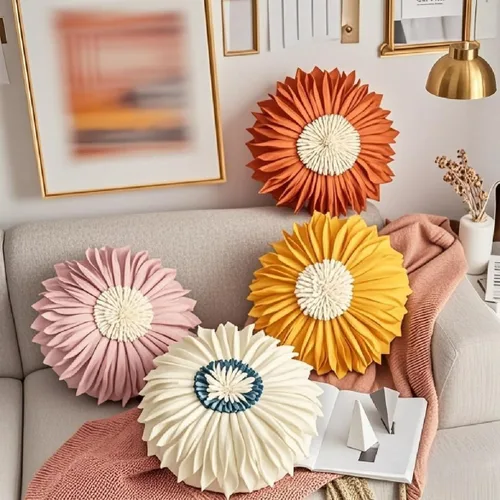 Miniatura 7 de Almohada redonda suave y redonda con forma de girasol, cojín en forma de margarita, hecha a mano, almohada decorativa de flores de felpa suave