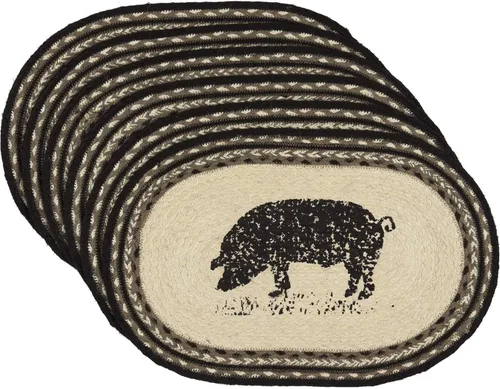 VHC Brands Sawyer Mill - Decoración de mesa de carbón, juego de manteles individuales de 12 x 18 pulgadas, cerdo