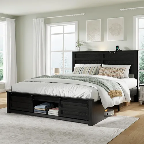 Miniatura 3 de Base de cama tamaño matrimonial con cabecero de madera, estructura de cama de plataforma de madera con estribo de puerta corrediza de granero