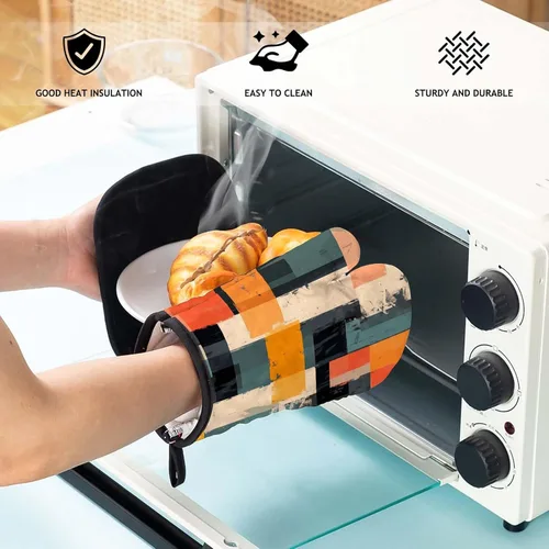 Miniatura 6 de MCALK Juego de 5 manoplas de horno y soportes para ollas, guantes abstractos para horno y almohadillas calientes para cocina de cocina, manoplas