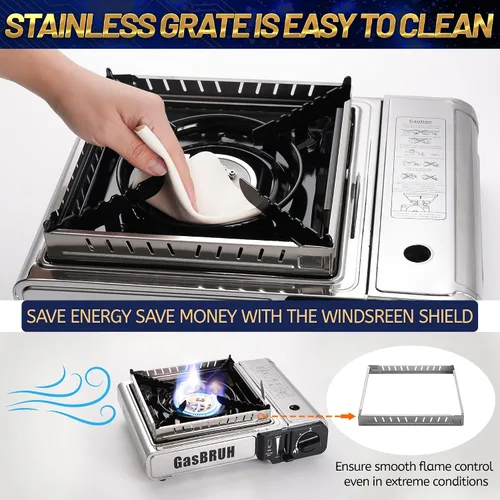 Miniatura 4 de GasBRUH Estufa de propano o butano con bloqueador de viento, doble combustible de 10,000 BTU Estufa de propano de acero inoxidable para acampar
