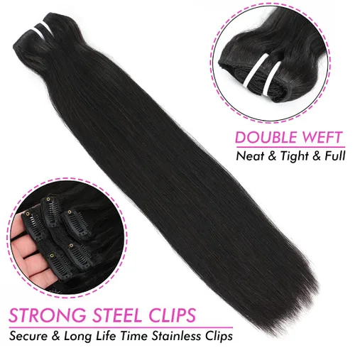 Miniatura 3 de Extensiones de cabello liso con clip para mujeres negras, 14 pulgadas, cabello humano sin procesar, grado 10A, suave, sedoso, color natural, clip