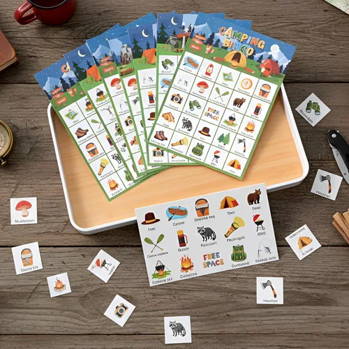 Miniatura 4 de Shappy 35 tarjetas de juego de bingo para acampar con 24 jugadores, juegos de aventura y fiesta, bosque, selva, tarjetas de bingo para actividades