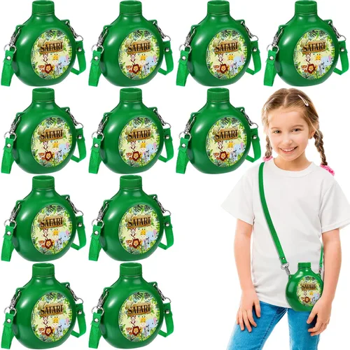 Eaasty Juego de 12 suministros para fiestas de safari en la selva, comedores infantiles con correa, botella de agua reutilizable de plástico de 10