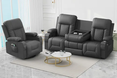 Miniatura 32 de FURNIMAT Sofá reclinable biplaza, sofá reclinable doble de 3 plazas con consola abatible, moderno sofá biplaza de cuero PU para sala de estar/casa