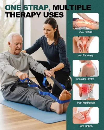 Miniatura 5 de Correa Trideer para estiramiento y yoga, correa de terapia física para entrenamiento en casa, ejercicio, pilates y gimnasia, 10 bucles, bandas Azul