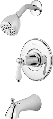 Pfister Courant 8P8WS2CO2SPC - Kit de molduras para bañera y ducha, válvula y cartucho incluidos, manija de palanca de cerámica blanca, acabado