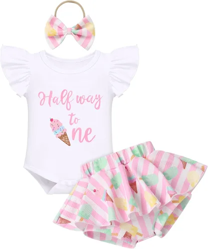 Miniatura 18 de IMEKIS Traje de 1er cumpleaños para bebé niña con estampado de girasol y durazno + pantalones cortos con volantes + diadema para sesión de fotos