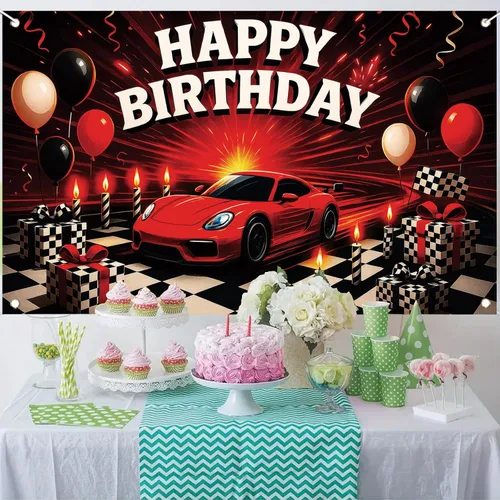 Miniatura 8 de Telón de fondo de auto de carreras con texto en inglés «Happy Birthday» de 71 x 43 pulgadas, para niños, decoración de fiesta de cumpleaños